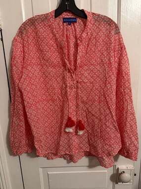Ro’s Garden Pink and White Floral Print Cotton Blouse with Tassel Tie Small